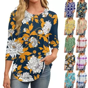 Женская модная повседневная футболка с круглым вырезом и рукавом семь четвертей в стиле ретро с принтом, плиссированная футболка M чёрный