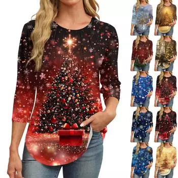 Женская модная повседневная футболка с круглым вырезом и рукавом семь четвертей в стиле ретро с принтом, плиссированная футболка L синий