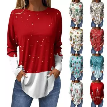 Женская модная повседневная футболка с круглым вырезом и длинным рукавом с рождественским принтом S