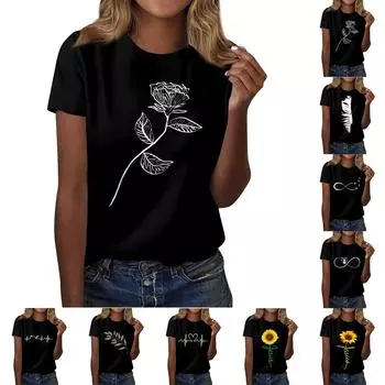 Женская модная повседневная футболка с круглым вырезом и коротким рукавом с принтом, топ L чёрный