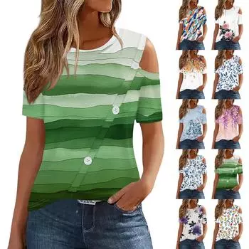 Женская модная повседневная футболка с круглым вырезом и короткими рукавами с открытыми плечами и пуговицами, топ L синий