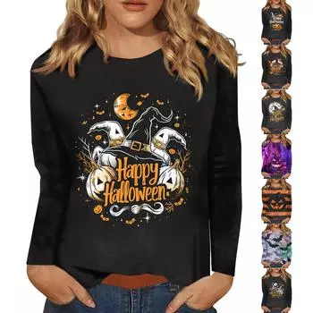 Женская модная повседневная футболка с круглым вырезом и длинным рукавом с принтом, топ XL