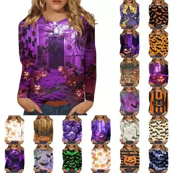 Женская модная повседневная футболка с круглым вырезом и длинным рукавом с принтом, топ S