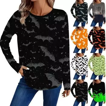 Женская модная повседневная футболка с круглым вырезом и длинным рукавом с принтом на Хэллоуин XXL серый