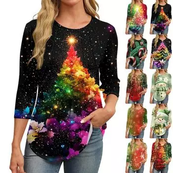 Женская модная повседневная футболка с круглым вырезом и рукавом семь четвертей в стиле ретро с принтом, плиссированная футболка XL киноварь