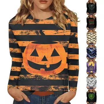 Женская модная повседневная футболка с круглым вырезом и длинным рукавом с принтом, топ XXL синий