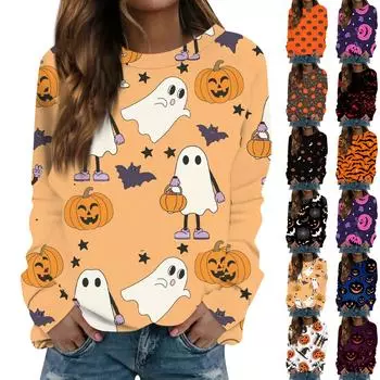 Женская модная повседневная футболка с круглым вырезом и длинным рукавом с принтом, топ XXXL