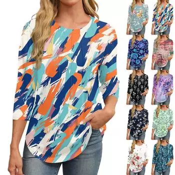 Женская модная повседневная футболка с круглым вырезом и рукавом семь четвертей в стиле ретро с принтом, плиссированная футболка XXL