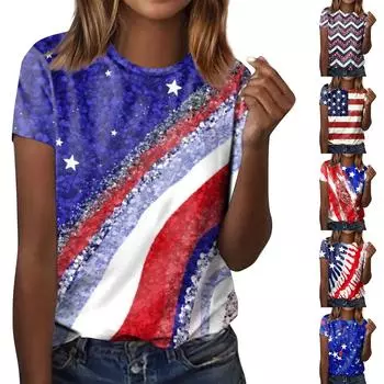 Женская модная повседневная футболка с круглым вырезом и коротким рукавом с принтом ко Дню независимости L синий