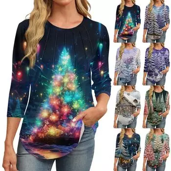 Женская модная повседневная футболка с круглым вырезом и рукавом семь четвертей в стиле ретро с принтом, плиссированная футболка M фиолетовый