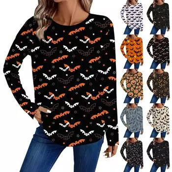 Женская модная повседневная футболка с круглым вырезом и длинным рукавом с принтом на Хэллоуин XL чёрный