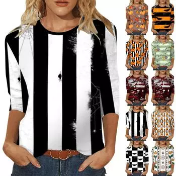 Женская модная повседневная футболка с круглым вырезом и принтом на Хэллоуин с семью рукавами, топ S