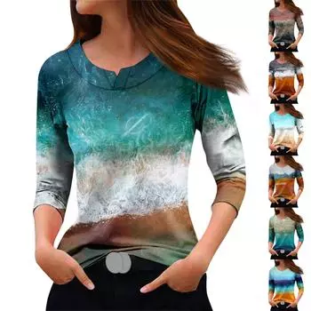 Женская модная повседневная футболка с круглым вырезом и рукавами 3/4 с принтом, топ L синий