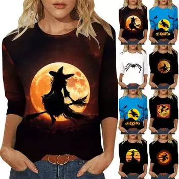 Женская модная повседневная футболка с круглым вырезом и принтом на Хэллоуин с семью рукавами, топ L винный