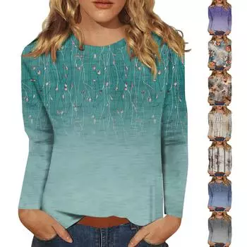 Женская модная повседневная футболка с круглым вырезом и длинным рукавом с принтом, топ M серый