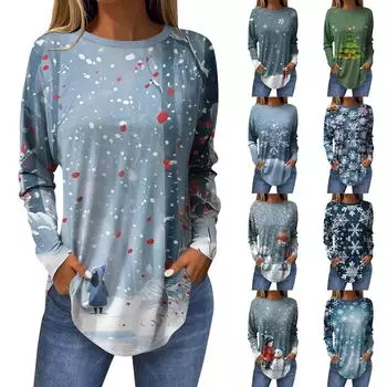Женская модная повседневная футболка с круглым вырезом и длинным рукавом с рождественским принтом S