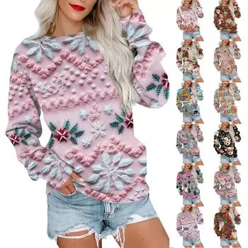 Женская модная повседневная футболка с круглым вырезом и длинным рукавом с рождественским 3D-принтом XL