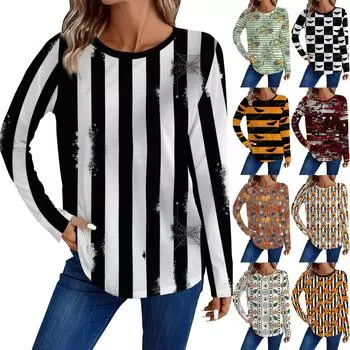 Женская модная повседневная футболка с круглым вырезом и длинным рукавом с принтом на Хэллоуин L