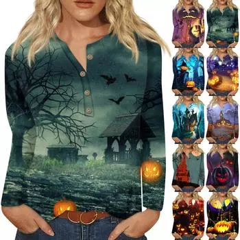Женская модная повседневная футболка с круглым вырезом и длинными рукавами на Хэллоуин с принтом на пуговицах Топ XXXXL