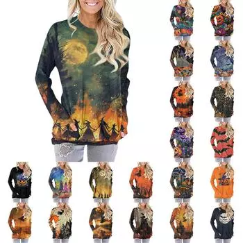 Женская модная повседневная футболка с круглым вырезом и принтом, длинными рукавами и карманами XL