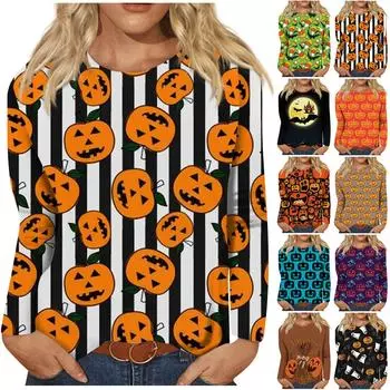 Женская модная повседневная футболка с круглым вырезом и длинным рукавом с принтом на Хэллоуин L