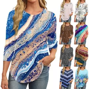 Женская модная повседневная футболка с круглым вырезом и рукавом семь четвертей в стиле ретро с принтом, плиссированная футболка L бежевый