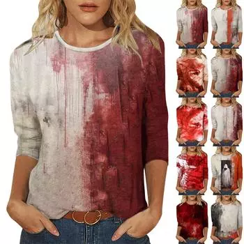 Женская модная повседневная футболка с круглым вырезом и принтом на Хэллоуин с семью рукавами, топ M чёрный