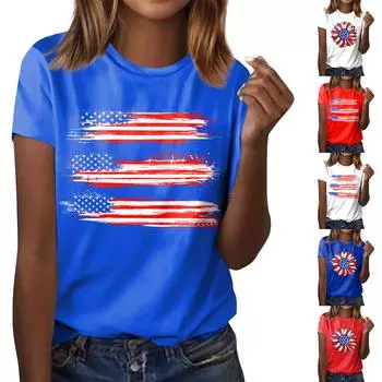 Женская модная повседневная футболка с круглым вырезом и коротким рукавом с принтом ко Дню независимости L синий