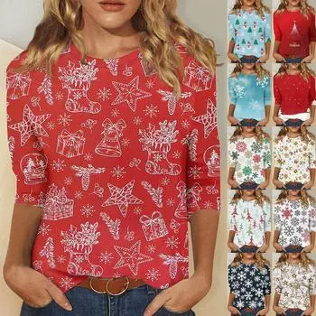 Женская модная повседневная футболка с круглым вырезом и рождественским принтом, семь рукавов XXL бежевый