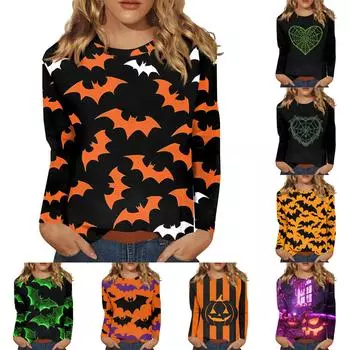 Женская модная повседневная футболка с круглым вырезом и длинным рукавом с принтом, топ S