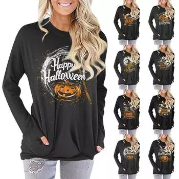 Женская модная повседневная футболка с круглым вырезом и принтом, длинными рукавами и карманами XXL жёлтый