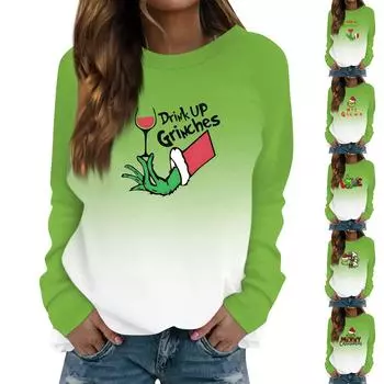 Женская модная повседневная футболка с круглым вырезом и длинным рукавом с рождественским принтом и рукавами-плунжерами XL