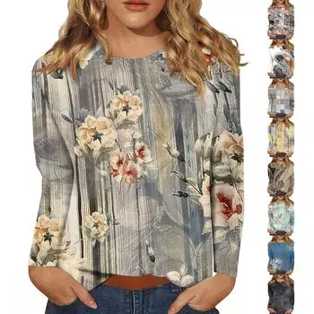 Женская модная повседневная футболка с круглым вырезом и длинным рукавом с принтом, топ L бежевый