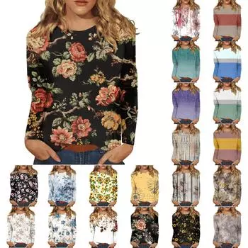 Женская модная повседневная футболка с круглым вырезом и длинным рукавом с принтом, топ L армия зеленый