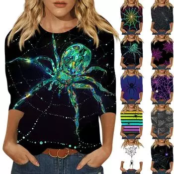 Женская модная повседневная футболка с круглым вырезом и принтом на Хэллоуин с семью рукавами, топ L