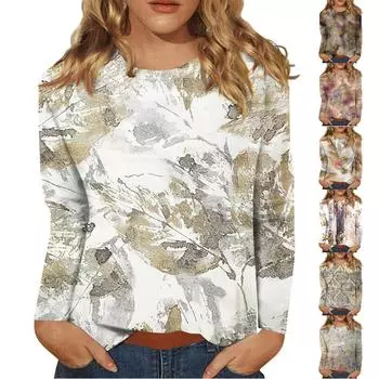 Женская модная повседневная футболка с круглым вырезом и длинным рукавом с принтом, топ L серый