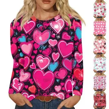 Женская модная повседневная футболка с круглым вырезом и длинным рукавом, топ с принтом «День Святого Валентина и любовь» XXXXL