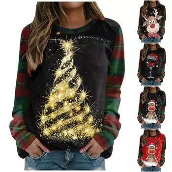 Женская модная повседневная футболка с круглым вырезом и длинным рукавом с рождественским принтом и рукавами-плунжерами XXL