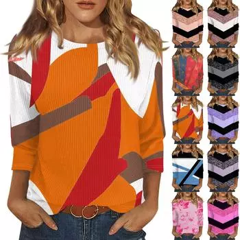 Женская модная повседневная футболка с круглым вырезом и рукавом три четверти с принтом, топ L синий