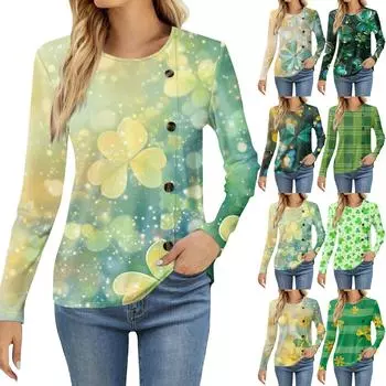 Женская модная повседневная футболка с круглым вырезом и длинным рукавом с принтом, женская футболка L армия зеленый