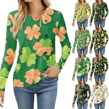 Женская модная повседневная футболка с круглым вырезом и длинным рукавом с принтом, женская футболка L армия зеленый