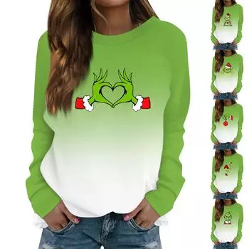 Женская модная повседневная футболка с круглым вырезом и длинным рукавом с рождественским принтом и рукавами-плунжерами XXXL зелёный