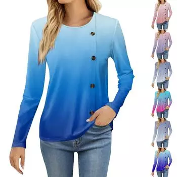Женская модная повседневная футболка с круглым вырезом и длинным рукавом с принтом, женская футболка L синий
