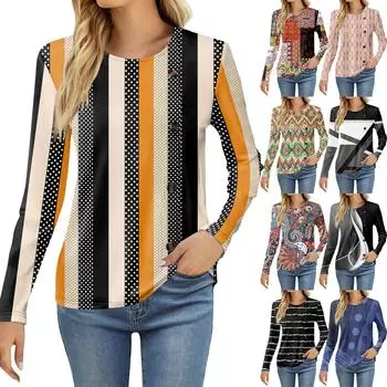 Женская модная повседневная футболка с круглым вырезом и длинным рукавом с принтом, женская футболка S чёрный