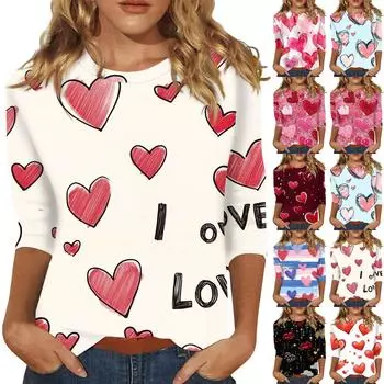 Женская модная повседневная футболка с круглым вырезом и принтом в виде сердца ко Дню святого Валентина, рукав три четверти XXXL чёрный