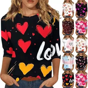 Женская модная повседневная футболка с круглым вырезом и принтом в виде сердца ко Дню святого Валентина, рукав три четверти XXXL бежевый