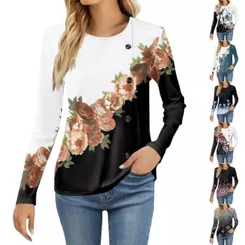 Женская модная повседневная футболка с круглым вырезом и длинным рукавом с принтом, женская футболка S