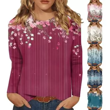 Женская модная повседневная футболка с круглым вырезом и длинным рукавом с принтом, топ L горячий розовый