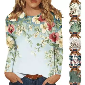 Женская модная повседневная футболка с круглым вырезом и длинным рукавом с принтом, топ L темно-зеленого