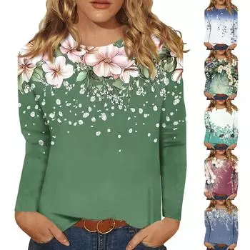 Женская модная повседневная футболка с круглым вырезом и длинным рукавом с принтом, топ L армия зеленый